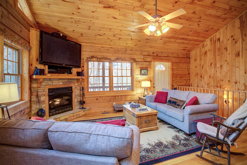 Living Room area at Arbor Den Log Cabin Rental Boone Blowing Rock NC 